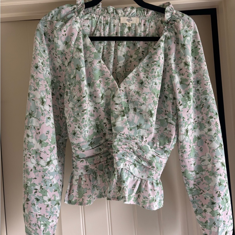 entro Pastel Green Floral Wrap Peplum Blouse